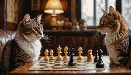 two cats playing chess in a cozy setting.