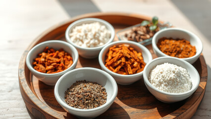 Wall Mural - Assortment of Spices in White Bowls on a Wooden Tray