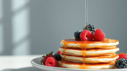 Poster - Close up of delicious pancakes drizzled with syrup and topped with fresh berries