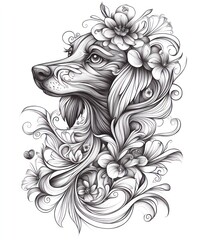 Poster - A detailed black and white illustration of a dog's head surrounded by floral designs.