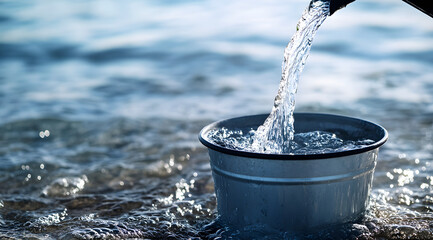 a bucket filled with water sitting on the ground, pouring over the edge, capturing the moment of ove