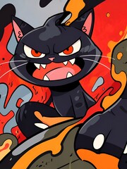 Poster - Angry Black Cat in a Cartoon Illustration