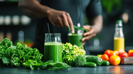 a man is making a green smoothie with spinach, broccoli, and cucumbers. the smoothie is in a glass a
