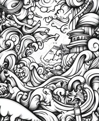 Canvas Print - A detailed black-and-white illustration of swirling waves and whimsical elements.