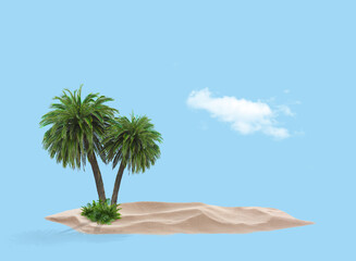 Wall Mural - Tropical island. Cloud floating over sand and palm trees. Light blue background as sky and sea