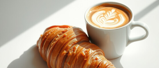 Sticker - Closeup of a Croissant and a Cup of Coffee with Latte Art