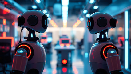 Wall Mural - two robots facing each other in a futuristic environment