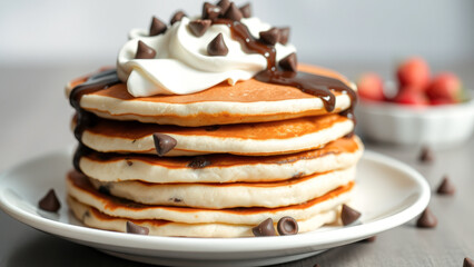 Wall Mural - Stack of Chocolate Chip Pancakes with Whipped Cream and Chocolate Sauce