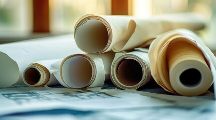 Wall Mural - Paper rolls stacked on a table, suitable for office or educational settings