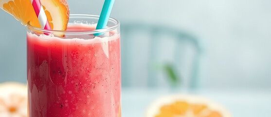 Sticker - Close-up of a glass of pink juice with a straw and an orange slice