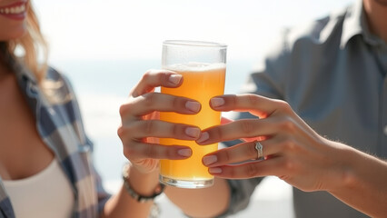 Canvas Print - Close up of a person's hand holding a glass of beer