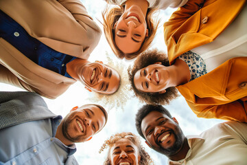 Happy diverse team having fun together. Low angle group portrait of cheerful joyful young and senior Caucasian and African American business people friends huddling, looking down at camera and smiling