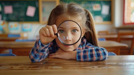 Wall Mural - A young girl closely inspects an object using a magnifying glass, possibly searching for clues or studying nature