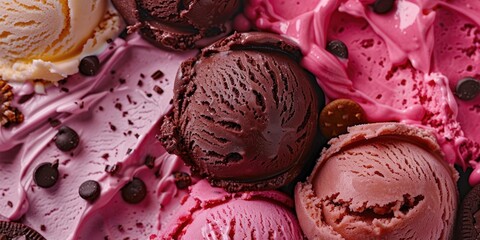 Wall Mural - Close up photo of colorful fresh ice cream with brownie chocolate cream and cookies