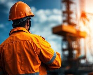 A man in an orange safety suit is standing in front of a large construction site. He is wearing a hard hat and a face mask. Concept of caution and safety in a potentially hazardous environment