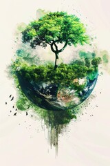 Wall Mural - a single tree stands on the surface of an alien planet, with a blue sky and rocky terrain in the bac
