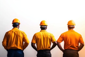 Three men wearing orange shirts and hard hats stand in a line. They are all wearing the same color and have the same type of hat