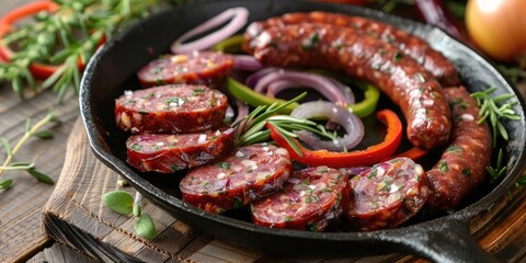 Raw Calabrese sausage slices with onion pepper and herbs in a skillet on a wooden table with room for text