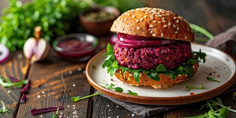 Beetroot vegetarian burger on a white plate