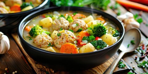 Wall Mural - Chicken Meatball Soup with Broccoli, Potatoes, Red Pepper, and Carrots in a Dark Bowl on a Wooden Surface