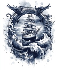 Canvas Print - A detailed illustration of a ship navigating turbulent waves, surrounded by a decorative frame.