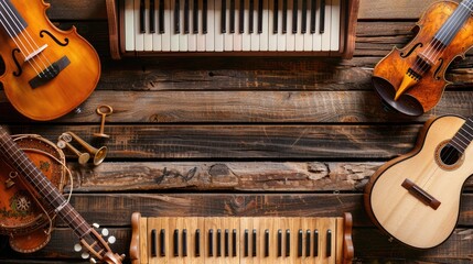 Frame of different musical instruments on wooden background  