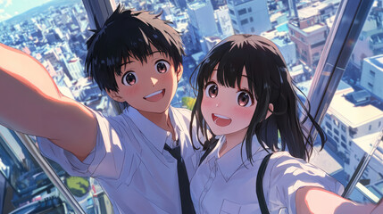 Poster - A cute girl with black hair and bangs, wearing a white school uniform, is taking a selfie on the street while her boyfriend's arm is around her