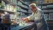 © arhendrix - Senior pharmacist expertly organizing medicine bottles in a well-stocked, modern pharmacy. Focused on accuracy and patient care.
