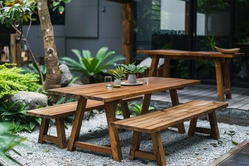 Solid Wood Outdoor Dining Table Set with Two Benches and Rectangular Top, Natural Finish for Patio or Garden