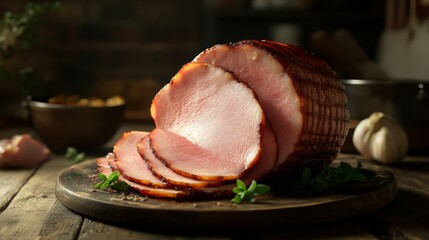 Sliced ham on a wooden cutting board surrounded by herbs in a rustic kitchen setting, perfect for holiday and gourmet meal preparation.