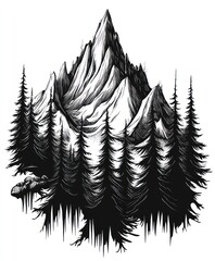 Sticker - A black and white illustration of a mountain surrounded by tall pine trees.