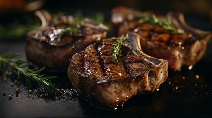 Three deliciously grilled lamb chops garnished with rosemary, served on a black plate with pepper seasoning, perfect for a gourmet meal.