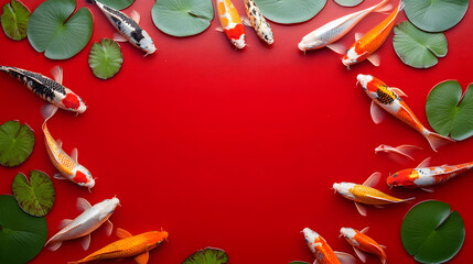 Koi Fish Swimming Among Lily Pads Frame on isolated Red Background with copyspace