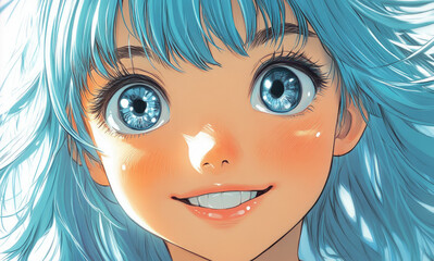 Poster - a close-up of a cute girl with light blue hair and big eyes, a happy expression