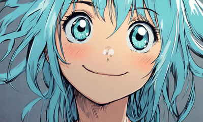 Poster - a close-up of a cute girl with light blue hair and big eyes, a happy expression