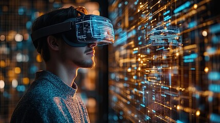 Wall Mural - 11. vr headset user interacting with a 3d website model, futuristic web development concept, immersi