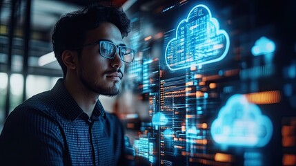 Wall Mural - 6. full-stack developer working on cloud integration, coding in the background, modern software deve