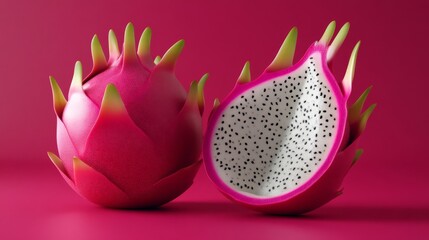 Wall Mural - Two vibrant and fresh dragon fruits, one whole and one halved, displayed on a bright pink background.