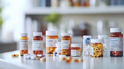 Various prescription medication bottles and pills displayed on a white countertop in a home setting, emphasizing healthcare and treatment.