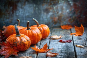 Sticker - A group of pumpkins sit on a wooden table, ready for decoration or display