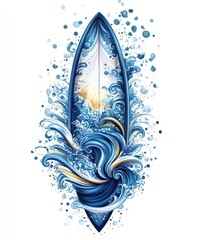 Wall Mural - A vibrant surfboard surrounded by dynamic ocean waves in shades of blue and white.