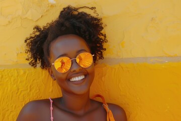 Poster - A happy woman is standing in front of a bright yellow wall, wearing trendy sunglasses and smiling at the camera