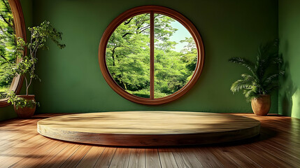 Round Wooden Platform with Green Nature View