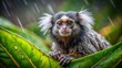 © Caitlin - A marmoset clings to a dripping leaf, its small hands grasping balance as vibrant green foliage blurs in the background, emphasizing soft fur and inquisitive gaze.