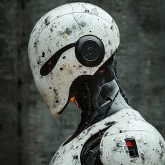 Futuristic Robot Head with Worn White Paint