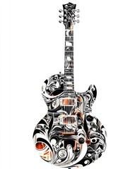 Poster - A creatively designed electric guitar featuring intricate black and white patterns.