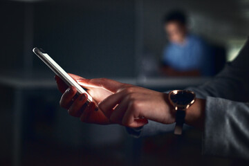 Leinwandbilder - Person, hands and typing with phone at night for business call, communication or email at office. Closeup, mobile smartphone or employee working late for online browsing, research or app at workplace
