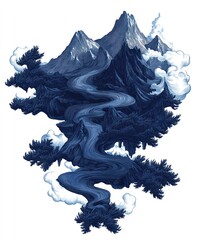 Poster - A surreal illustration of mountains, a winding river, and clouds, evoking tranquility and nature.