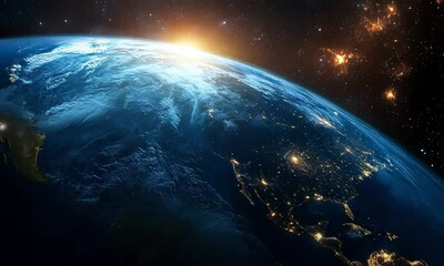 Wall Mural - A stunning view of Earth from space, with the sun rising over the continents.