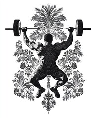 Poster - A muscular figure lifting a barbell against an ornate background, symbolizing strength and fitness.